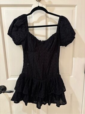 Black Eyelet Puff-Sleeve Mini Dress